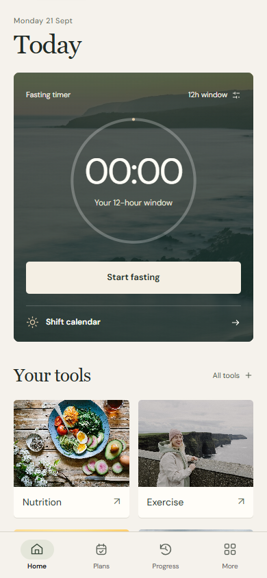App preview showing a fasting timer and daily tools